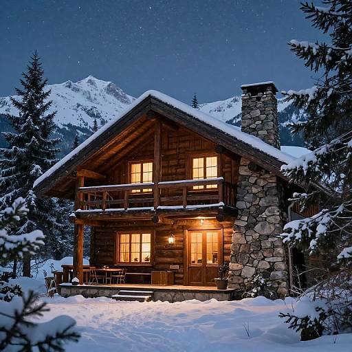 Photograph of a cozy, wooden chalet with stone chimney, illuminated windows, surrounded by snow-covered pine trees, and majestic mountains under a starry