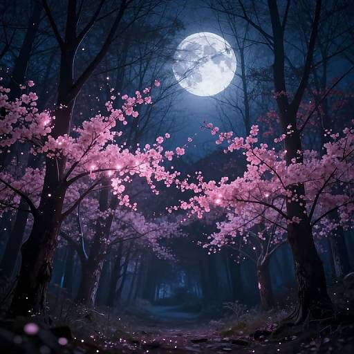 Digital art of a moonlit forest with a full, glowing moon, pink cherry blossoms, and twinkling fairy lights. Dark, silhouet