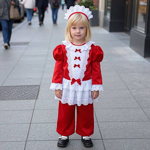 Photograph of a blonde toddler in a red and white Victorian-style dress with lace trim, red bows, and black shoes, standing on a city sidewalk