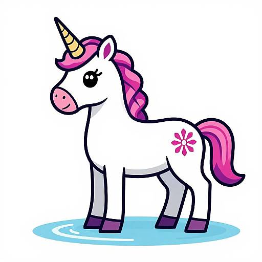 Cartoon-style white unicorn with pink mane and tail, yellow horn, pink flower on flank, standing on blue circle, black eyes.