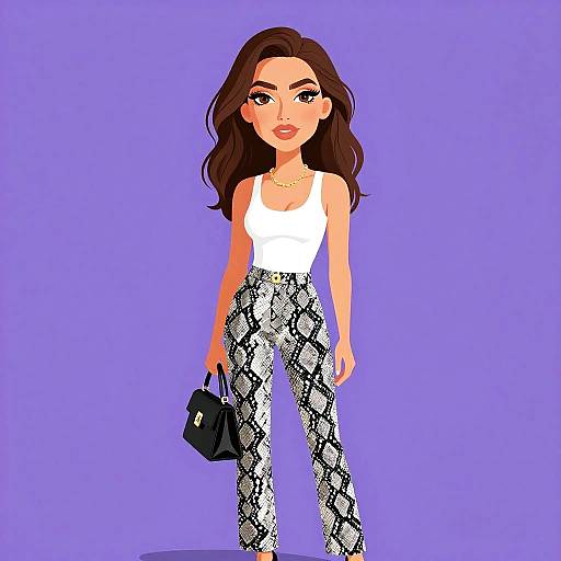 Digital illustration of a stylish woman with long brown hair, wearing a white tank top and snake-pattern pants, holding a black handbag, against a solid