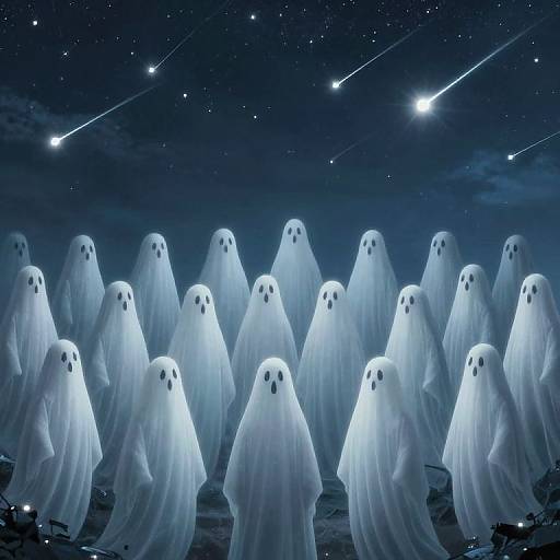 Digital artwork of a group of glowing white ghost figures with black eyes, standing in a dark, starry night sky with shooting stars.