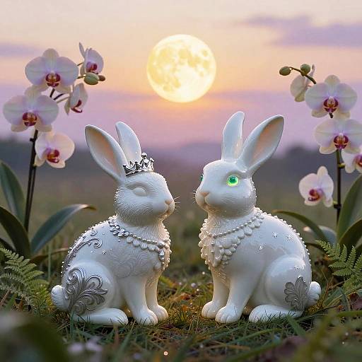 Radiant Porcelain Rabbits in Celestial Meadow