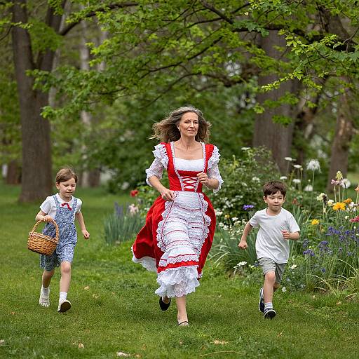 Photograph of a woman in a red and white frilled dress, running through a lush, flower-filled park with two children, a girl in blue