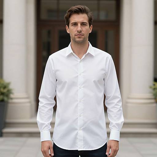 Photograph of a handsome, dark-haired man in a crisp white dress shirt standing in front of a building with large windows.