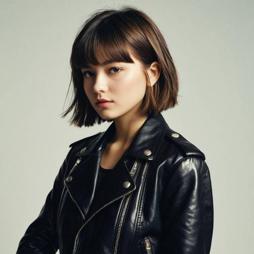 Young Woman with Stacked Bob Hairstyle in Leather Jacket
