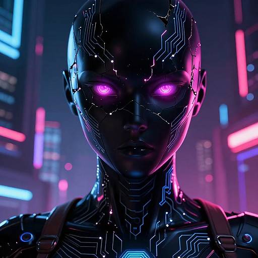Cyberpunk CGI of a bald, neon-lit android with glowing pink eyes, intricate circuit patterns on a dark, futuristic cityscape background.
