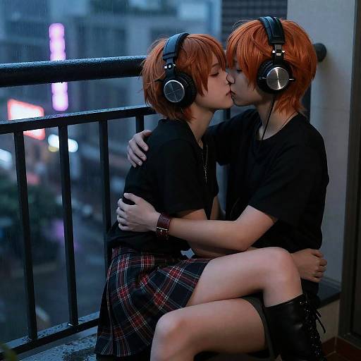Melancholic Yuri Embrace on Neon Balcony