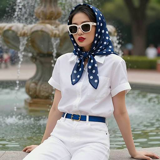 Stylish woman with blue polka dot headscarf near fountain