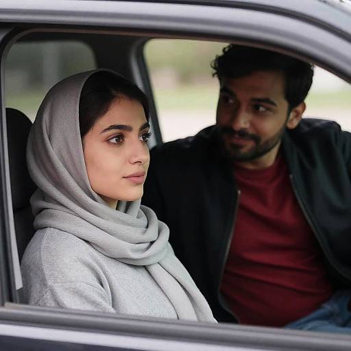Photograph of a focused woman in a light gray hijab and sweater, seated in a car, with a bearded man in a red shirt and