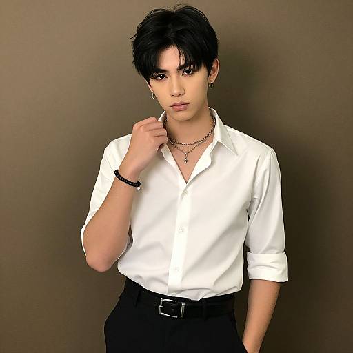 Digital portrait of a young man with short black hair, wearing a white shirt, black pants, and jewelry, standing against a brown background.