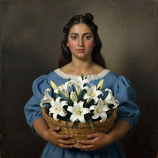 Photorealistic painting of a young woman with dark hair, wearing a blue dress, holding a wicker basket of white lilies. Dark background.