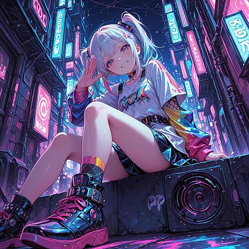 Stylish Cyberpunk Girl Sitting Pose