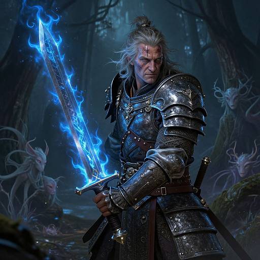 Digital art: Grizzled, white-haired warrior with bloodied face, holding glowing blue sword in dark, misty forest surrounded by ethereal,