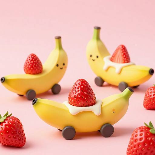 Photograph of three banana-shaped toy cars with strawberry and cheese toppings, black wheels, and cute faces, scattered on a pink background with whole strawberries.