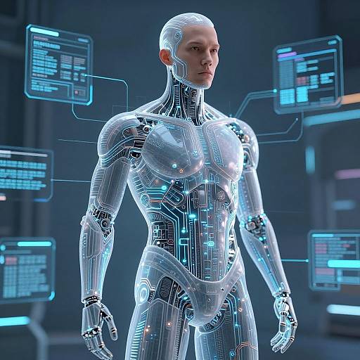 Digital CGI of a muscular, bald, androgynous humanoid robot with glowing blue circuitry and holographic data screens floating around.