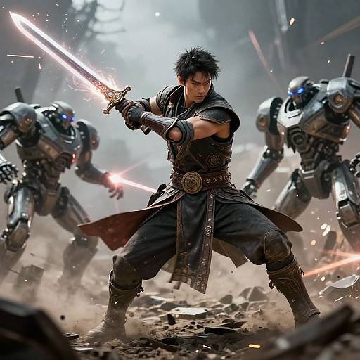 Digital artwork of a fierce, black-haired warrior with spiky hair, wielding a glowing sword, fighting against three glowing-sword wielding robotic opponents in a