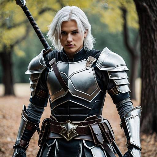 Young Man in Detailed Silver Armor with White Hair