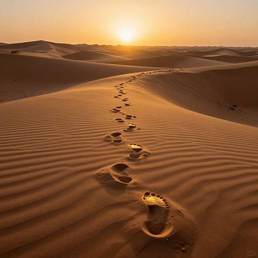 Photograph of a desert sunset with a single footprints trail leading up a sand dune, casting warm orange shadows on rippled sand.