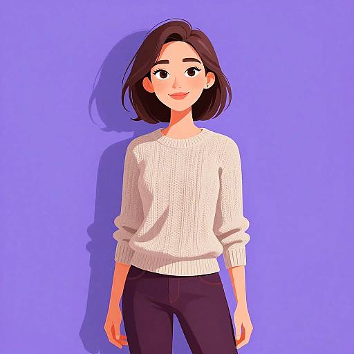 Digital anime-style drawing of a smiling woman with short black hair, wearing a white sweater and black pants, against a solid purple background.