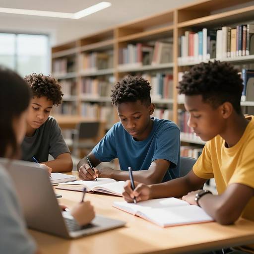 Photograph of five Black high school students, three boys and two girls, studying at a library table, writing notes, wearing casual clothes, surrounded by