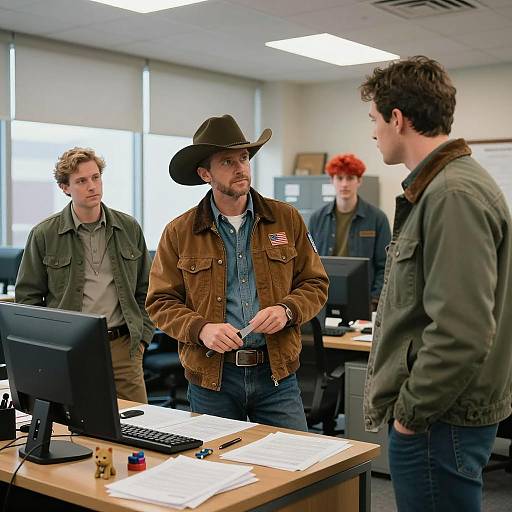 Group of Men in Office with Central Man Holding Knife