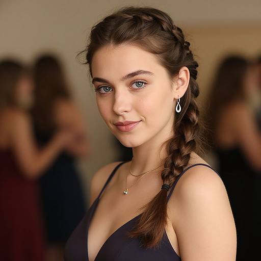 Photograph of a young woman with fair skin, blue eyes, and brown hair in a side braid, wearing a black dress and gold necklace,