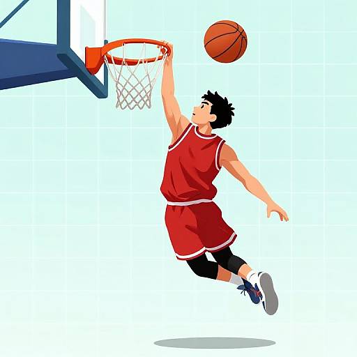 Digital illustration of an Asian male basketball player in red jersey and black shorts, jumping to shoot a basketball into a blue hoop.