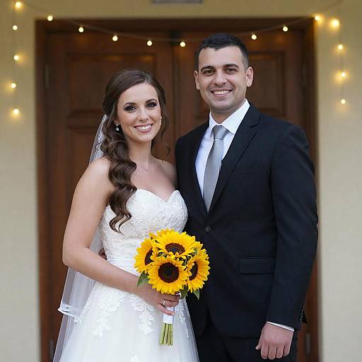 Smiling Bride and Groom with Sunflowers