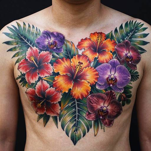 Vibrant Tropical Floral Chest Tattoo