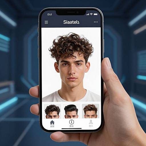 Photograph of a hand holding a smartphone displaying a curly-haired young man's profile picture with three smaller versions below. Background: futuristic blue-lit corridor