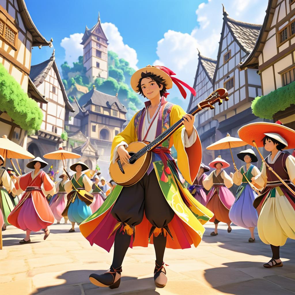 Flamboyant Bard in Lively Village Scene