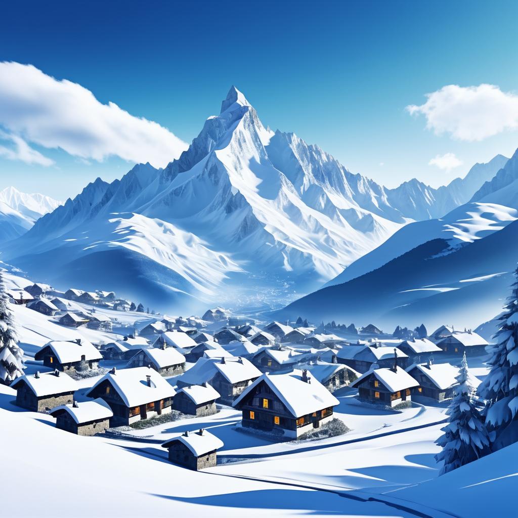 Surreal Snowy Mountain Village Landscape