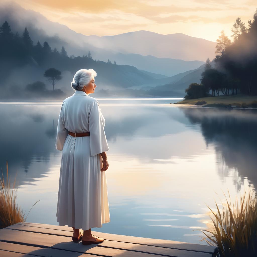 Tranquil Elderly Woman at Lakeside Dawn