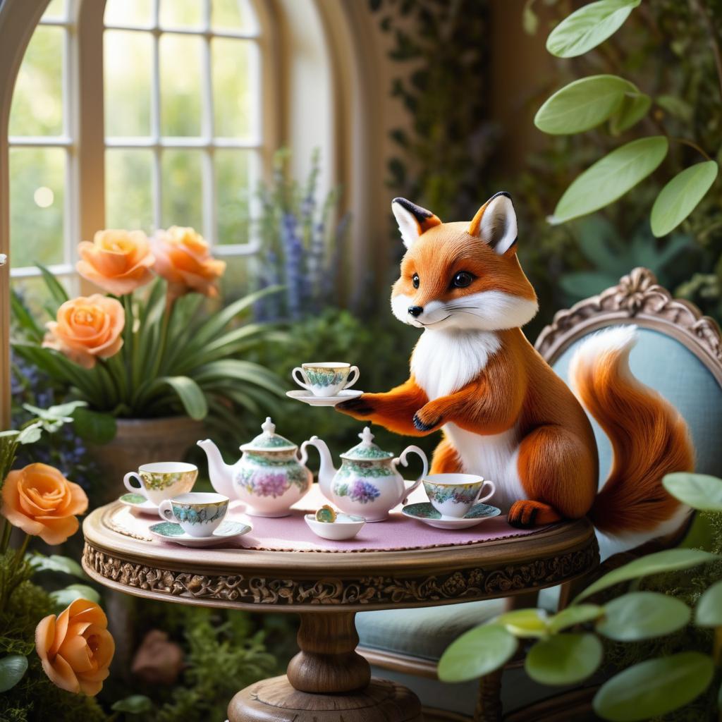 Whimsical Fox Tea Time in Garden