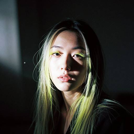 Photograph of a young woman with long blonde hair, illuminated from the left, casting dramatic shadows on her face against a dark background.