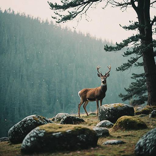 Solitary Deer in Misty Forest Clearing