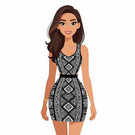 Digital illustration of a smiling, brown-haired woman in a black and white geometric-patterned dress, standing against a white background.