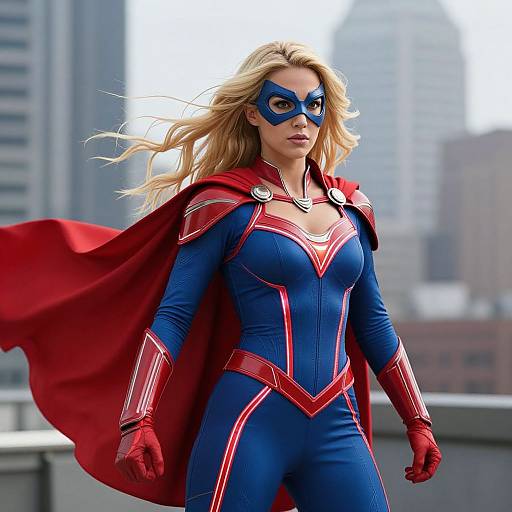 Bold Blonde Superhero in Cityscape
