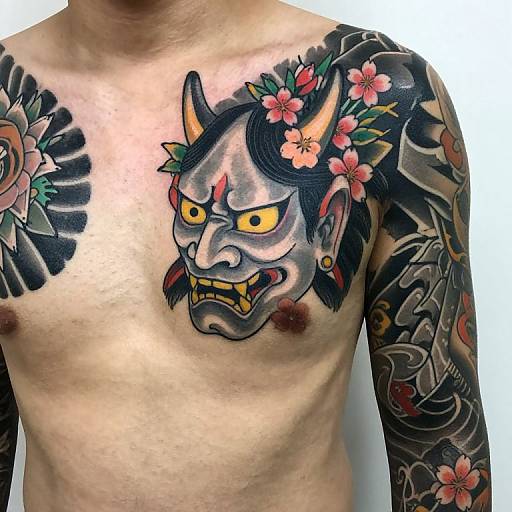 Tattooed shirtless man with colorful Japanese demon mask on chest, surrounded by flowers and traditional ink patterns on right arm.