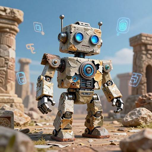 CGI image of a rustic, blue-eyed, robotic figure with metal and stone textures, standing in a ruined, ancient cityscape with glowing circuit symbols