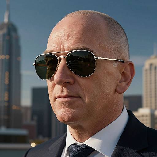 Photograph of bald middle-aged man with fair skin, wearing dark aviator sunglasses, black suit, white shirt, and dark tie, against a city
