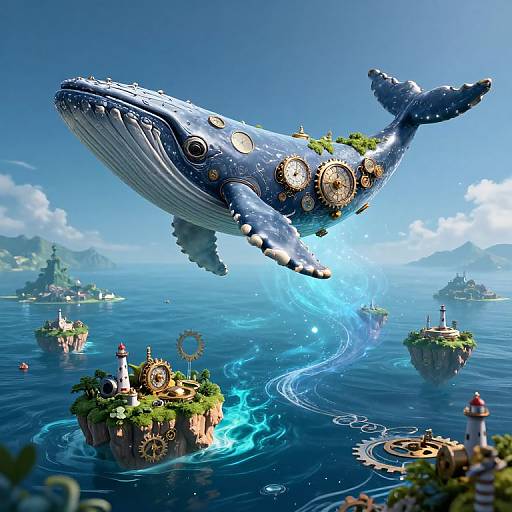 Fantasy CGI illustration of a giant, gear-adorned blue whale soaring over floating islands with lighthouses, greenery, and clockwork mechanisms
