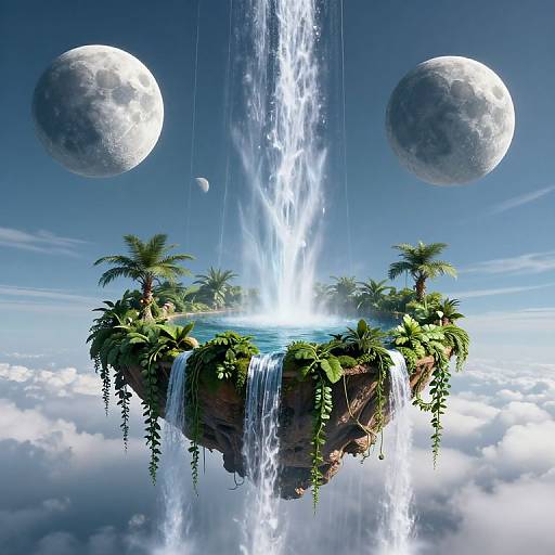 Digital artwork of a floating island with lush greenery, palm trees, and a waterfall, surrounded by three large moons and clouds.