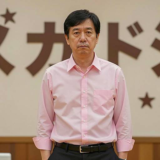 Serious Middle-Aged Man in Pink Shirt