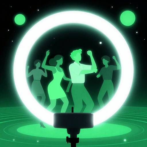 Digital illustration of neon-green silhouetted dancers in a circle, surrounded by a glowing white ring with green accents.