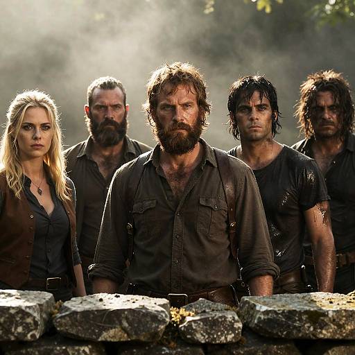 Rugged Characters in Misty Forest Setting