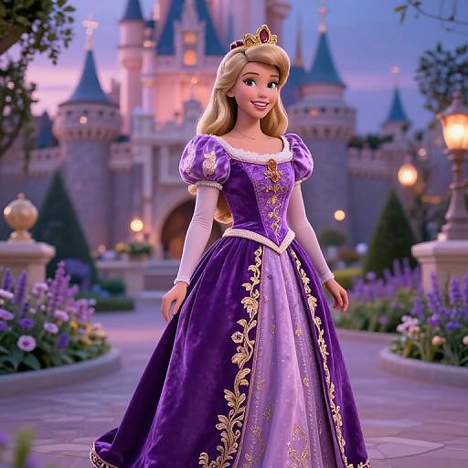 Digital illustration of a smiling, blonde, animated princess in a purple, gold-embroidered gown with puffed sleeves, standing in front of a