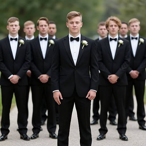 Photograph of a group of young men in black tuxedos with white shirts and black bow ties, standing outdoors with a blurred green background.