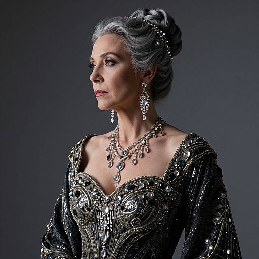 Photograph of an elegant elderly woman with silver hair, wearing a black, intricately beaded gown and elaborate jewelry, looking to the side against a